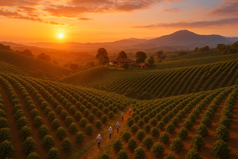 hazme un video como si lo hbiera grabado un drone desde arriba de una finca cafetera con un atardecer bonito
